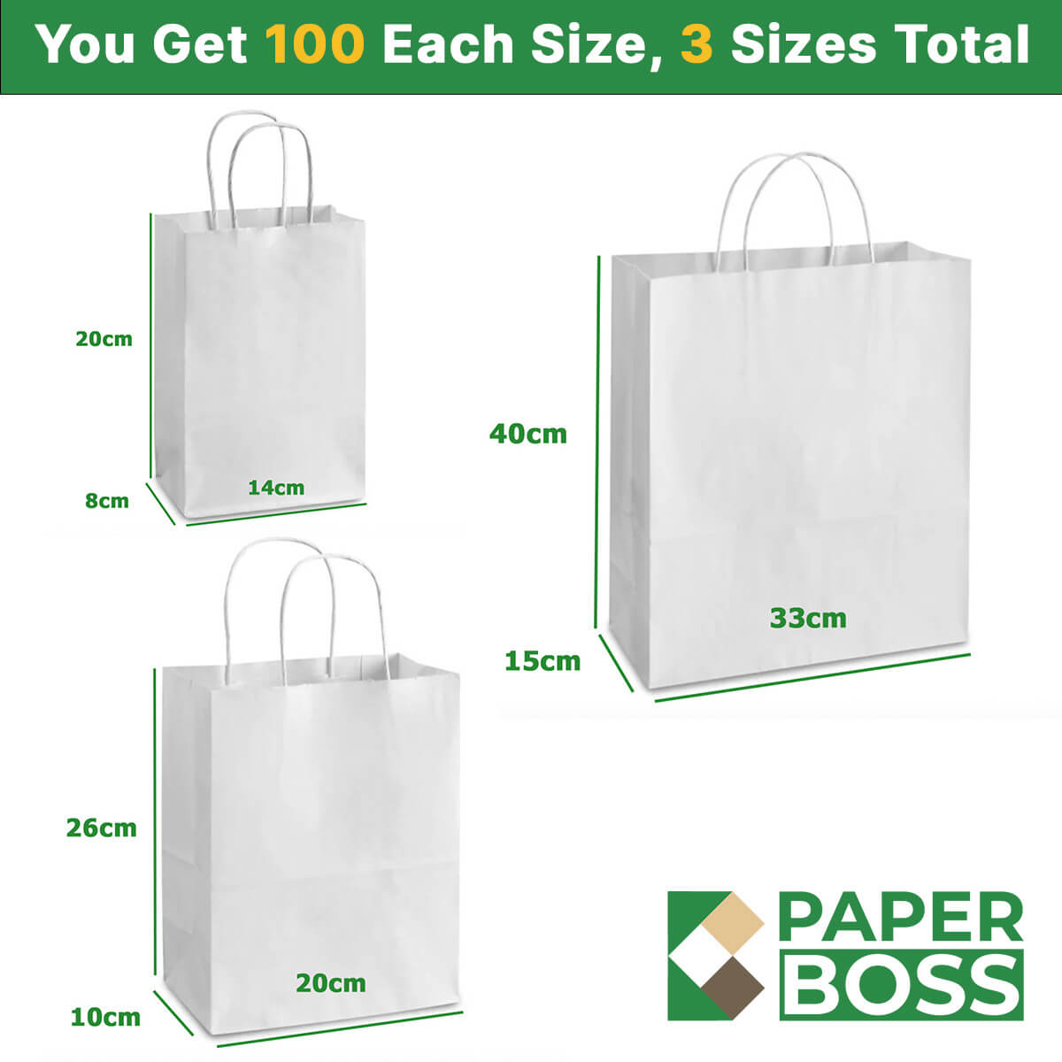 White Paper Bags with Handles Mixed Size Small Business Bundle Pack - 300 Pack image 1