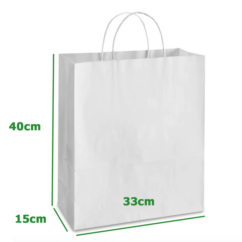 33 x 15 x 40 cm White Paper Shopping Bags With Twisted Handles - Rover - 100 Pack image 1