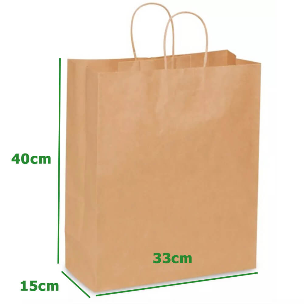 33 x 15 x 40 cm Brown Paper Shopping Bags With Twisted Handles - Rover - 100 Pack image 1
